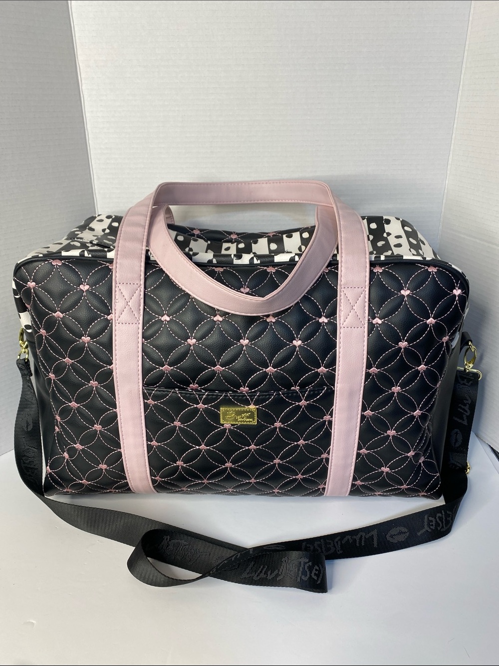 Betsey Johnson Black Quilted Tote with Pink Trim